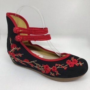 Ava Chinese Embroidered Qipao Cheongsam Red & Black Platform Wedge